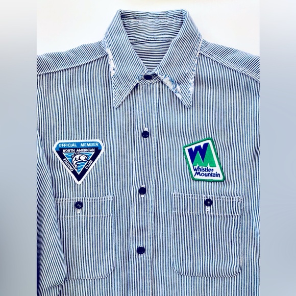 Distressed VTG embroidered patchs railroad ticking shirt XL Natural inst… - Picture 6 of 16